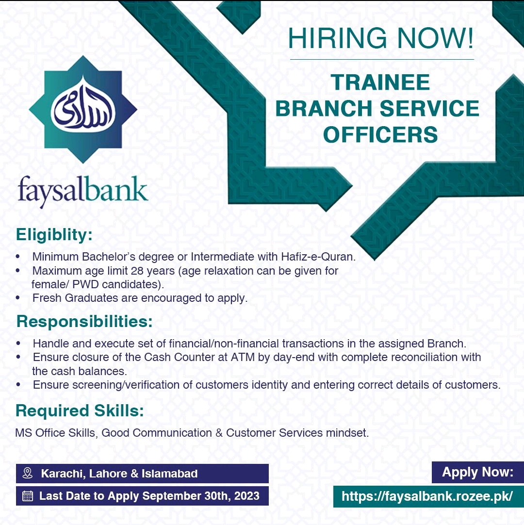 Faysal Bank Jobs of Trainee Branch Service Officers 2023
